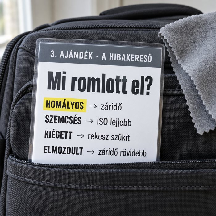 A Hibakereső: egy lap a fotós táska zsebében, a javítósorokkal