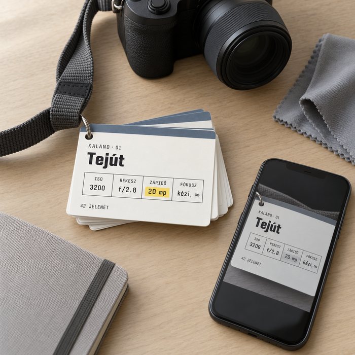 A 42 Kalandlap: laminált kártyák egy argolláról lógva, mellettük egy gép és egy telefon egy kártyával