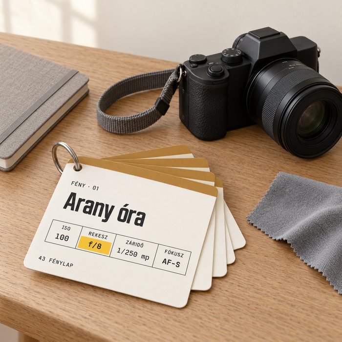 A 43 Fénylap: a fény kártyái egy asztalon, mellette egy gamuza és egy gép