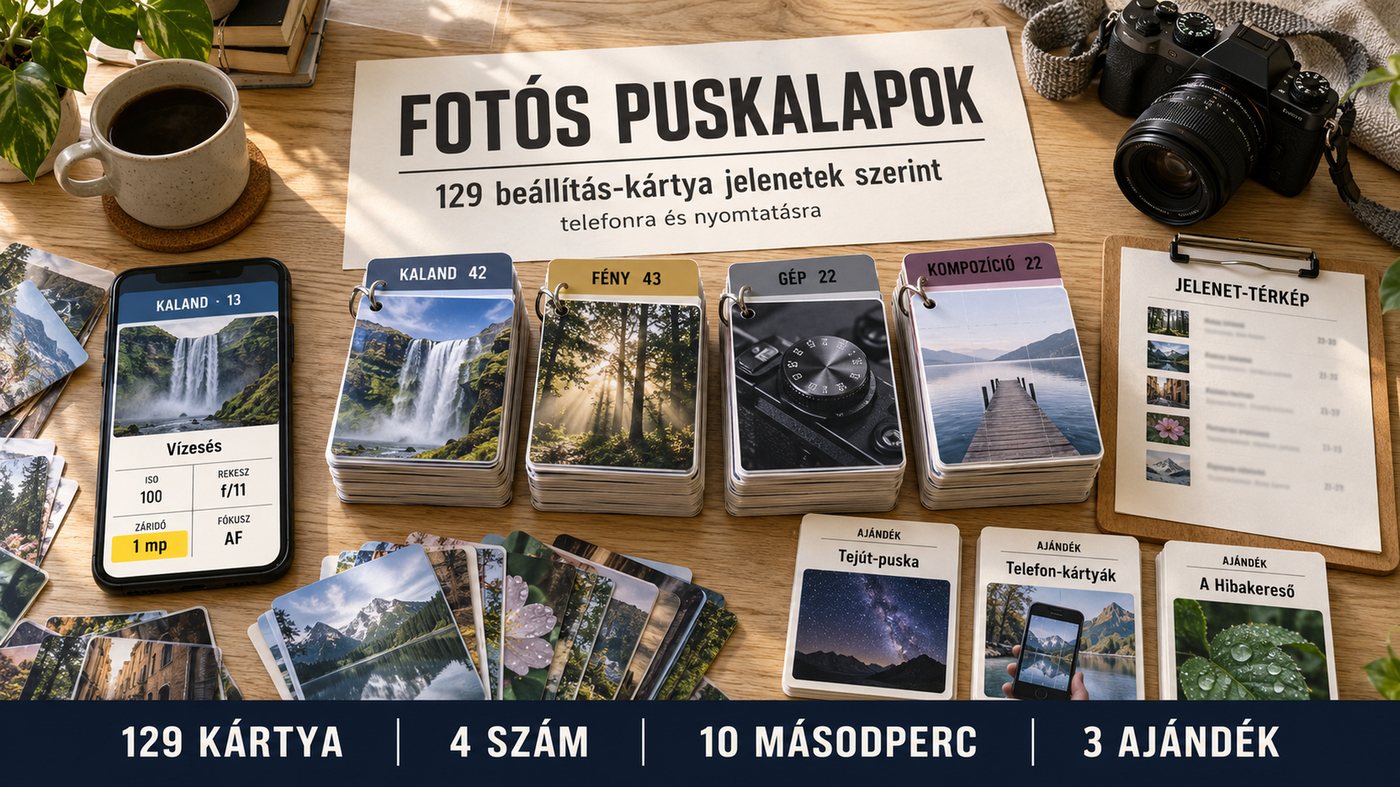 Az egész csomag az asztalon: a telefon egy kártyával, a 129 kártya jelenetek szerint, a Jelenet-térkép és a 3 ajándék, mellette egy fényképezőgép